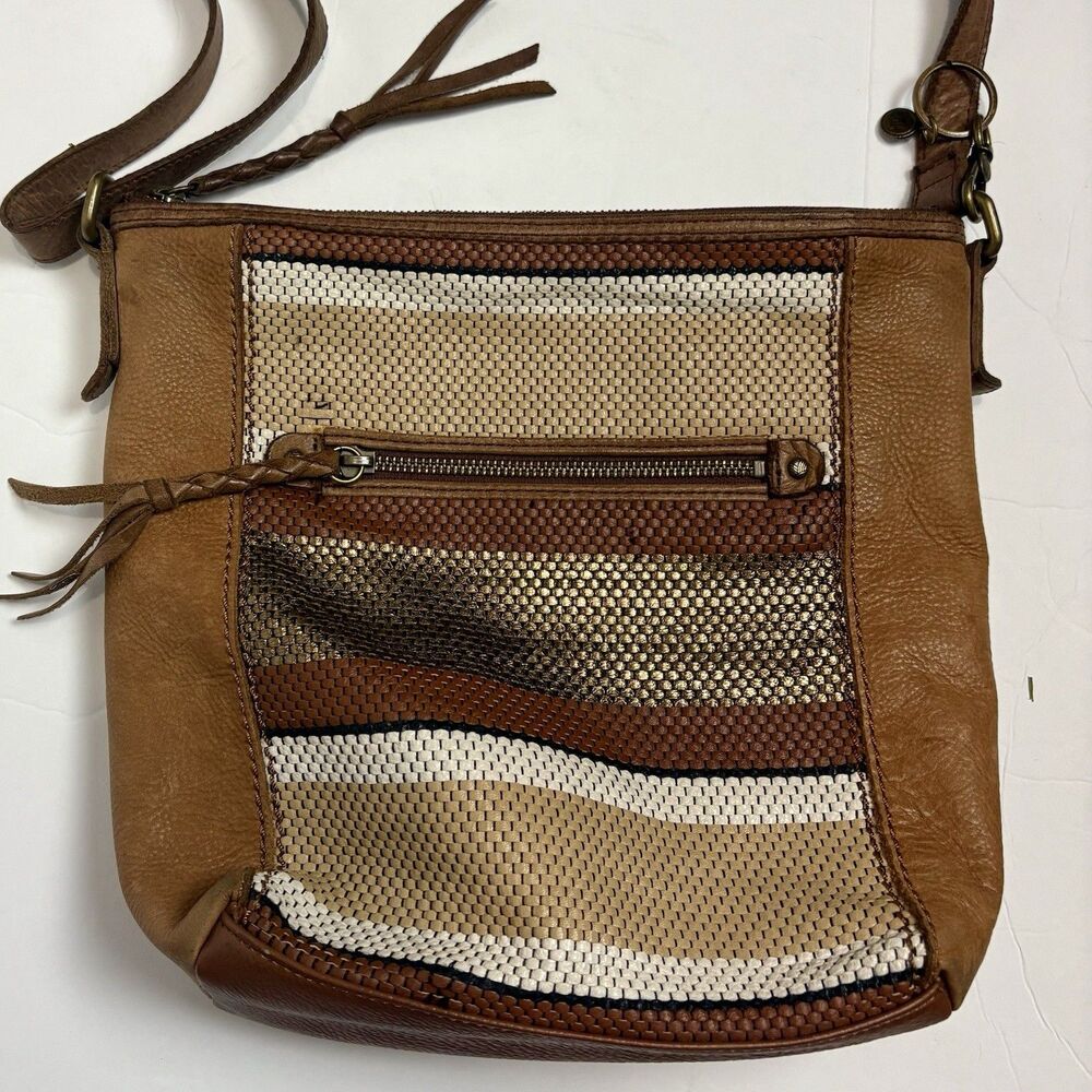 The Sak Alameda Woven Leather Crossbody Bucket Bag Brown Tan Metallic Boho